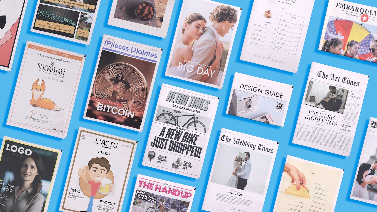 Comparez les formats de gazette de mariage : Tabloïd ou Broadsheet Maquettes de journaux en formats Tabloïd et Broadsheet sur fond bleu